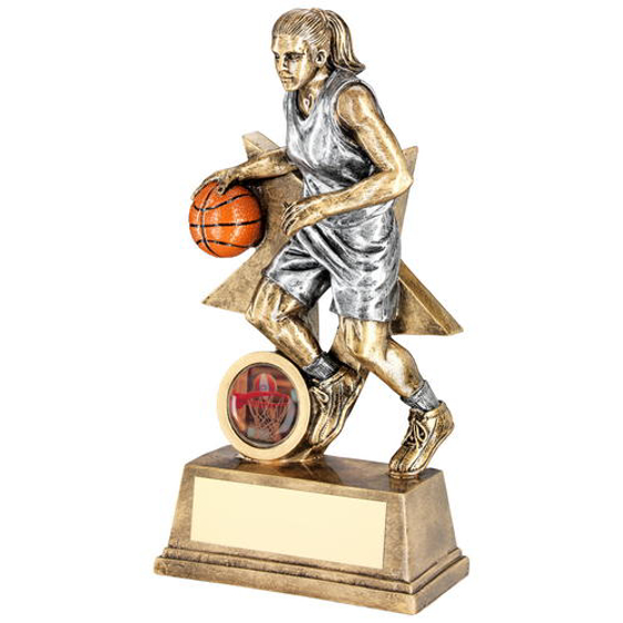 Brz/pew/orange Female Basketball Figure With Star Backing Trophy (1in Cen) - 7in (178mm)