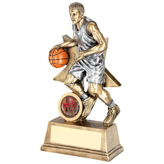 Brz/pew/orange Male Basketball Figure With Star Backing Trophy (1in Cen) - 7in (178mm)