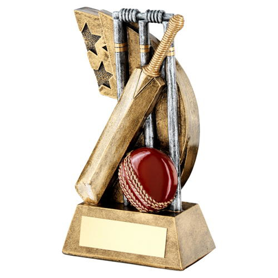 Brz/pew/red Cricket Stumps/bat/ball On Star Swoosh Trophy - 6.25in (159mm)