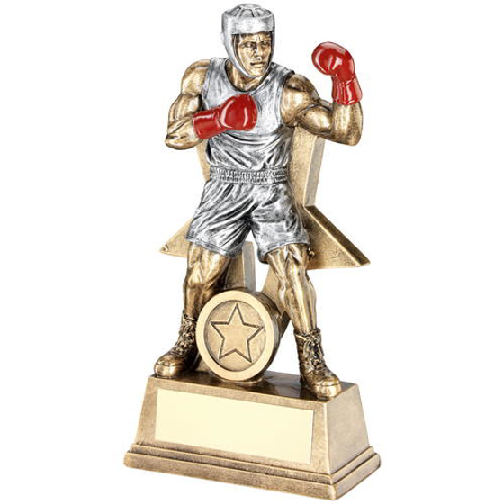Brz/pew/red Male Boxing Figure With Star Backing Trophy (1in Centre) - 9in (229mm)