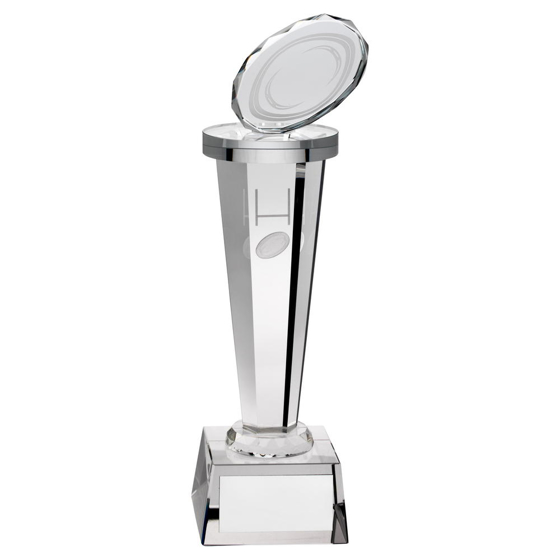 Clear Glass Column With Lasered Rugby Image Trophy - 10.5in (267mm)