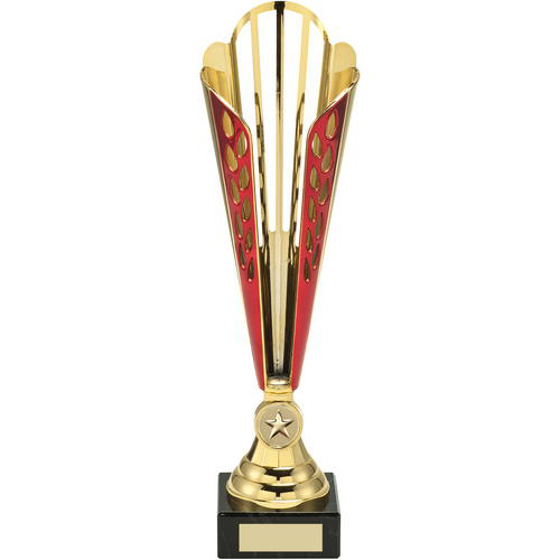 Gold/red Tall Plastic Trophy - (1in Centre)    14in (356mm)