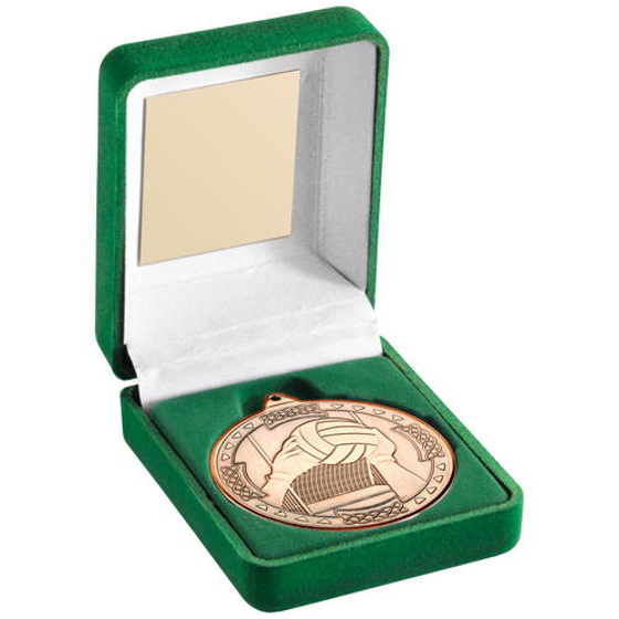 Green Velvet Box And 50mm Medal Gaelic Football Trophy - Gold 3.5in (89mm)