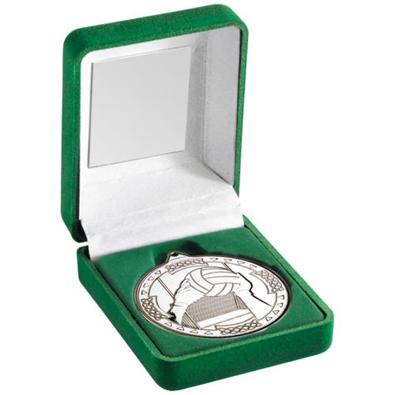 Green Velvet Box And 50mm Medal Gaelic Football Trophy - Silver 3.5in (89mm)