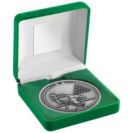 Green Velvet Box And 70mm Medallion Pool/snooker Trophy - Antique Silver - 4in (102mm)