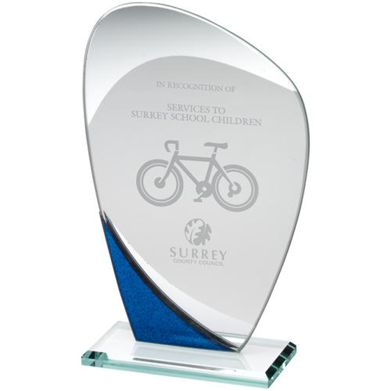 Jade Glass Curved Plaque With Blue/silver Detail - 7.25in (184mm)