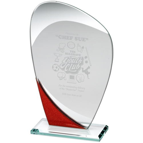 Jade Glass Curved Plaque With Red/silver Detail - 6.5in (165mm)