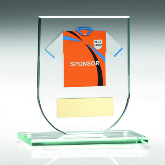 Jade Glass Plaque With Football Shirt Trophy - (shirt B) - 4.25in (108mm)