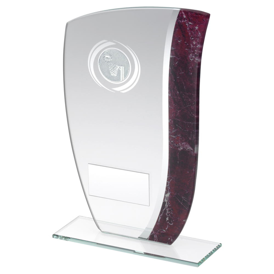 Jade Glass With Claret/silver Marble Detail And Netball Insert Trophy - 8in (203mm)