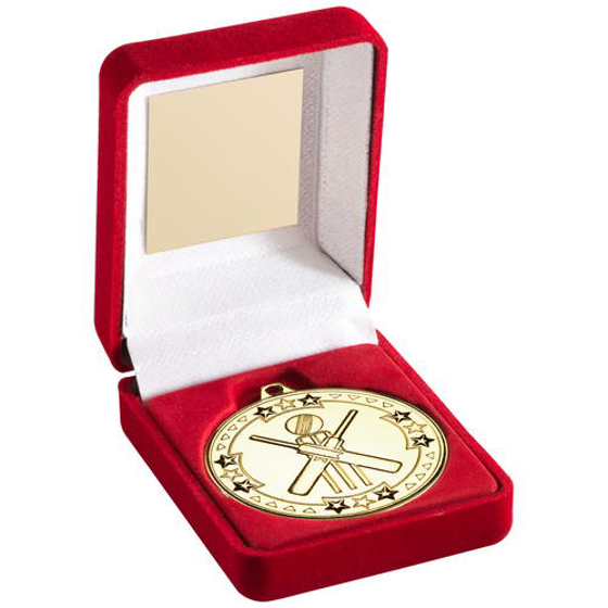 Red Velvet Box And 50mm Medal Cricket Trophy - Bronze 3.5in (89mm)