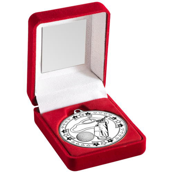 Red Velvet Box And 50mm Medal Golf Trophy - Silver 3.5in (89mm)