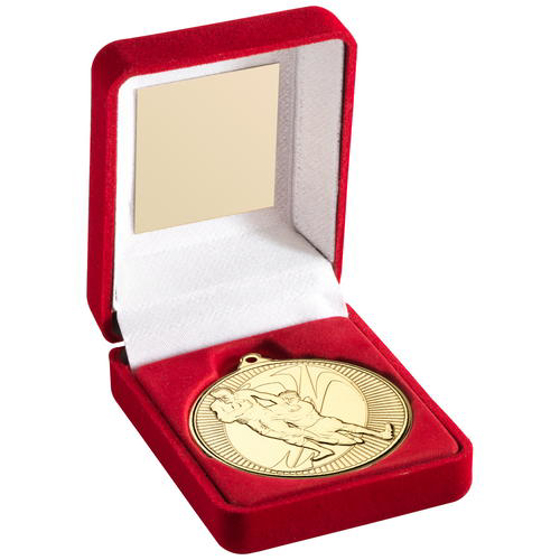 Red Velvet Box And 50mm Medal Rugby Trophy - Bronze 3.5in (89mm)