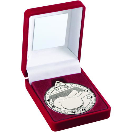 Red Velvet Box And 50mm Medal Table Tennis Trophy - Silver - 3.5in (89mm)