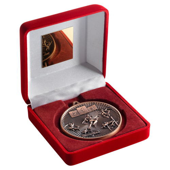 Red Velvet Box And 60mm Medal Athletics Trophy - Antique Gold - 4in (102mm)