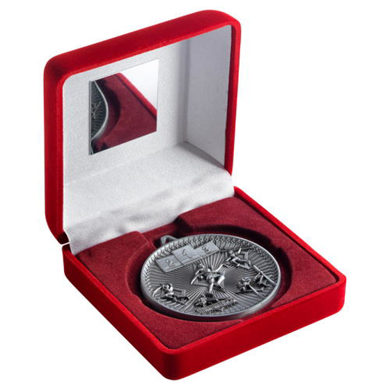 Red Velvet Box And 60mm Medal Athletics Trophy - Antique Silver - 4in (102mm)