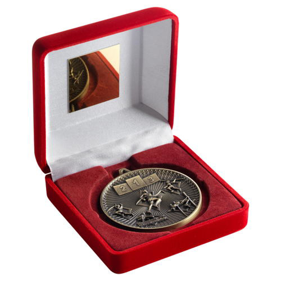Red Velvet Box And 60mm Medal Athletics Trophy - Bronze - 4in (102mm)