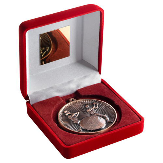 Red Velvet Box And 60mm Medal Cricket Trophy - Antique Gold - 4in (102mm)