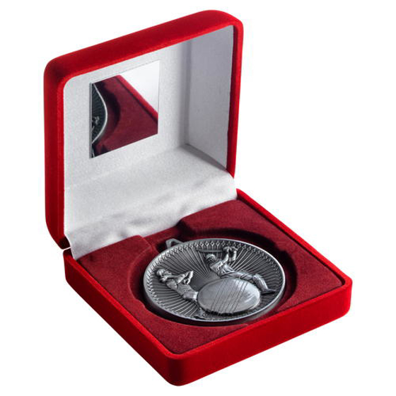 Red Velvet Box And 60mm Medal Cricket Trophy - Antique Silver - 4in (102mm)