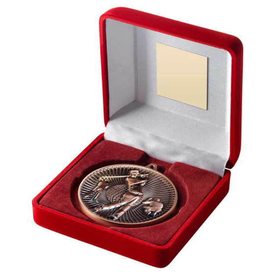 Red Velvet Box And 60mm Medal Golf Trophy - Antique Gold - 4in (102mm)