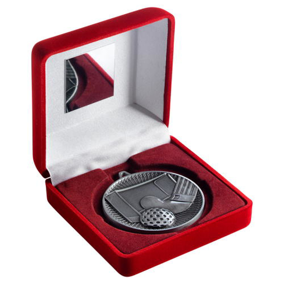 Red Velvet Box And 60mm Medal Hockey Trophy - Antique Silver - 4in (102mm)