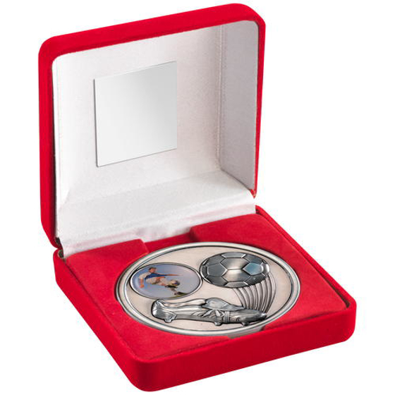 Red Velvet Box And 70mm Medallion Football Trophy - Antique Silv (1in Centre) 4" (102mm)