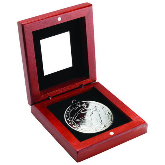 Rosewood Box And 50mm Medal Golf Trophy - Silver 3.75in (95mm)
