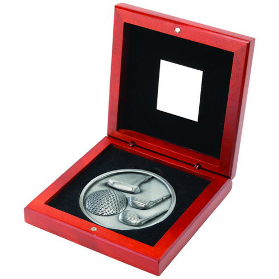 Rosewood Box And 70mm Medallion Golf Trophy - Antique Silver 4.5in (114mm)