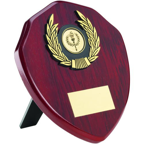 Rosewood Shield And Gold Trim Trophy - (1in Centre) 4in (102mm)