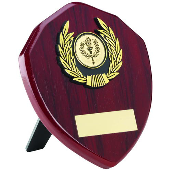 Rosewood Shield And Gold Trim Trophy - (1in Centre) 5in (127mm)