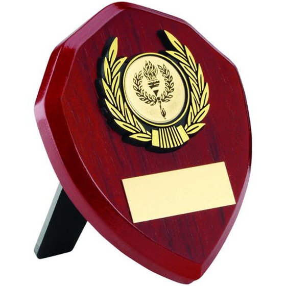Rosewood Shield And Gold Trim Trophy - (1in Centre) 6in (152mm)