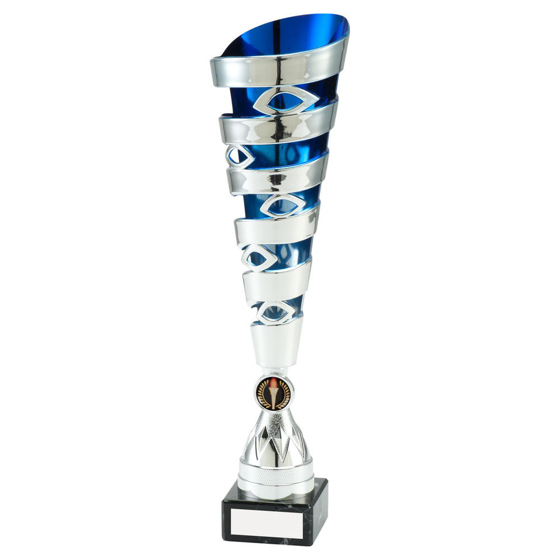 Silver/blue Plastic Spiral & Eyelet Trophy (1in Centre) - 15.5in (394mm)
