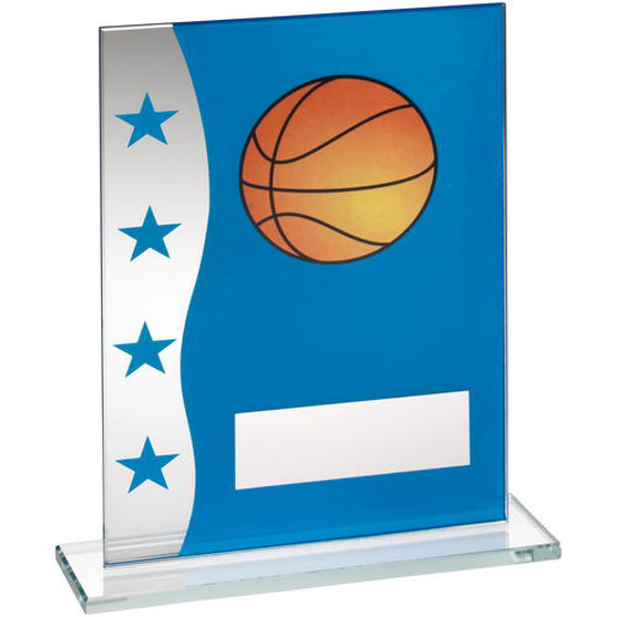 Blue/silver Printed Glass Plaque With Basketball Image Trophy - 6.5in (165mm)