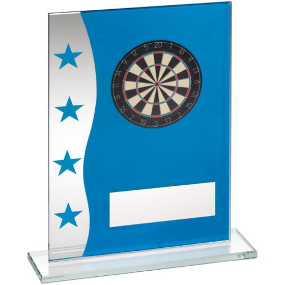 Blue/silver Printed Glass Plaque With Dartboard Image Trophy - 8in (203mm)