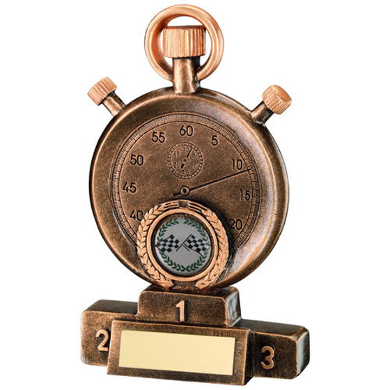 Brz/gold Motor Sport Stopwatch On Podium Trophy - (1in Centre) 6.25in (159mm)