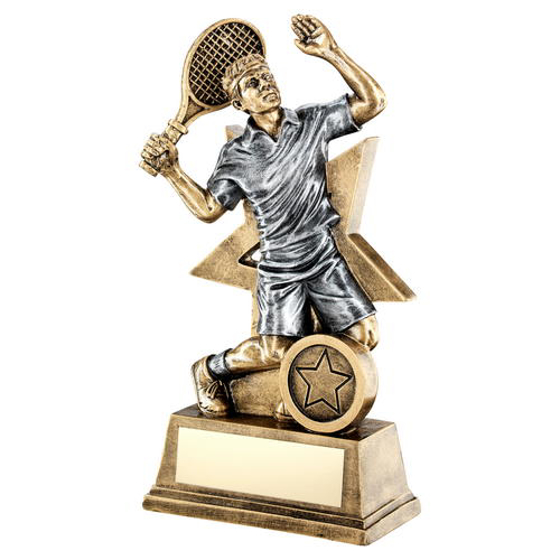Brz/gold/pew Male Tennis Figure With Star Backing Trophy (1in Centre) - 6in (152mm)