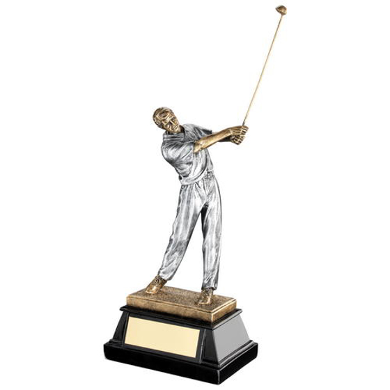 Brz/pew 'end Of Swing' Golfer On Black Base Trophy - 9.5in (241mm)