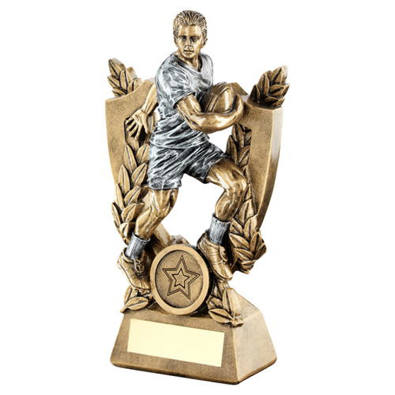 Brz/pew Male Rugby On Shield And Wreath Trophy (1in Centre) - 5.5in (140mm)