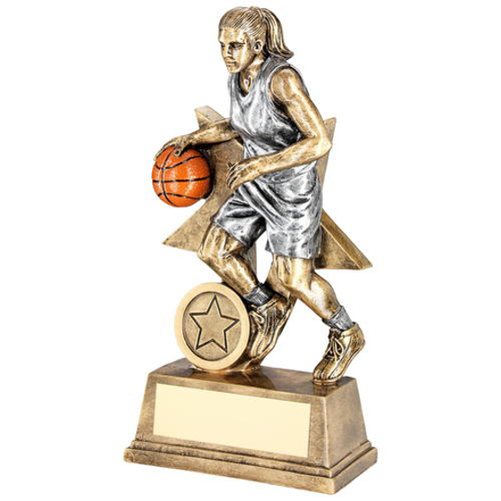 Brz/pew/orange Female Basketball Figure With Star Backing Trophy (1in Cen) - 6in (152mm)