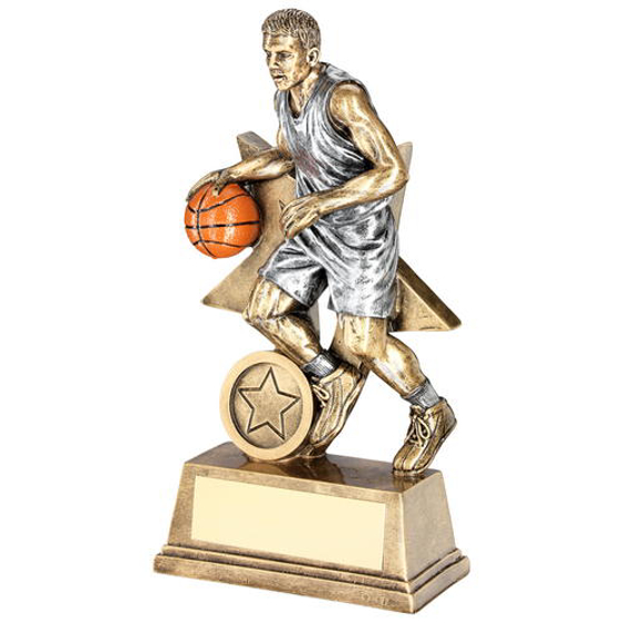 Brz/pew/orange Male Basketball Figure With Star Backing Trophy (1in Cen) - 6in (152mm)