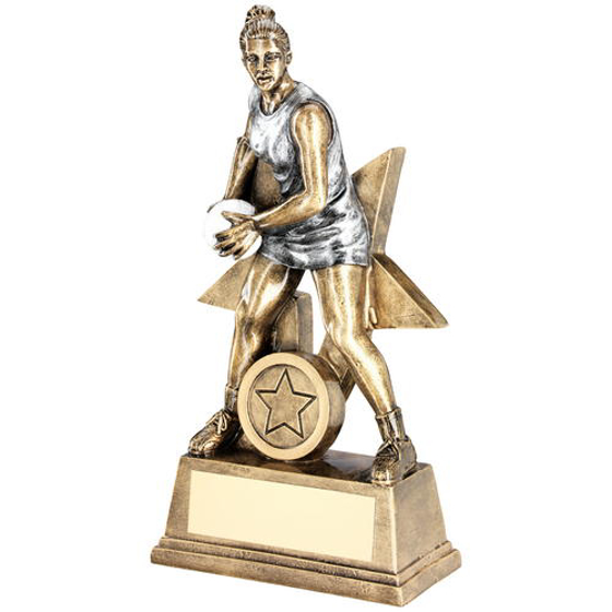 Brz/pew/white Female Netball Figure With Star Backing Trophy (1in Centre) - 6in (152mm)
