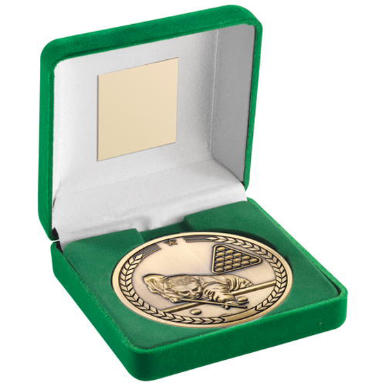 Green Velvet Box And 70mm Medallion Pool/snooker Trophy - Antique Gold - 4in (102mm)