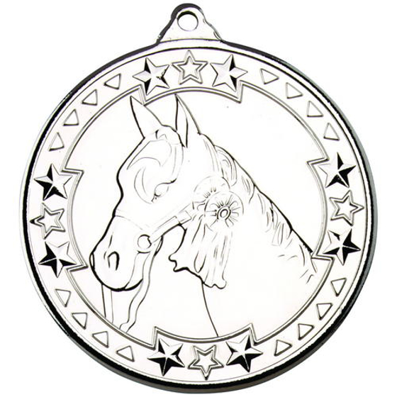 Horse 'tri Star' Medal - Silver 2in (50mm)