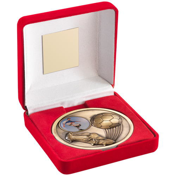 Red Velvet Box And 70mm Medallion Football Trophy - Antique Gold (1in Centre) 4" (102mm)