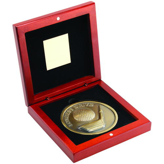 Rosewood Box And 70mm Medallion Golf Trophy - Antique Gold Longest Drive 4.5in (114mm)