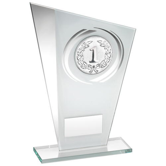 White/silver Printed Glass Plaque With Wreath Trophy - (1in Centre) - 6.5in (165mm)