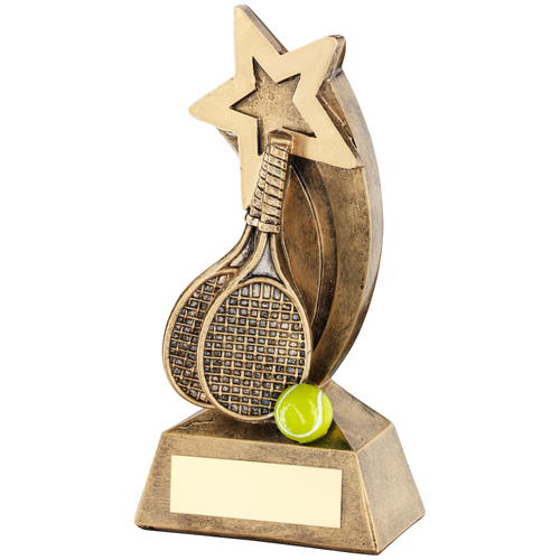 Brz/gold/yellow Tennis Rackets/ball With Shooting Star Trophy - 5.75in (146mm)