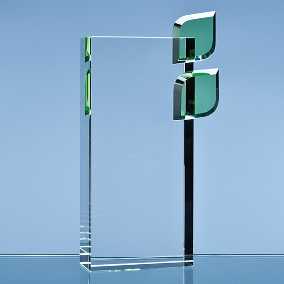 Rectangular Glass Block with Emerald Green Leaves. 200mm