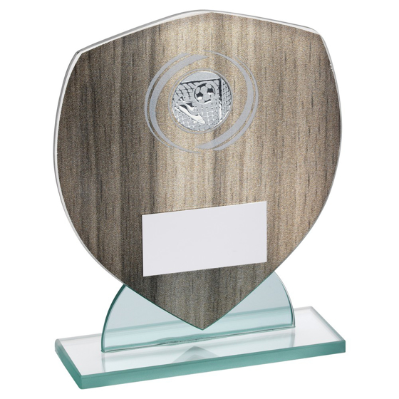WOOD EFFECT GLASS SHIELD WITH FOOTBALL INSERT AND PLATE - 5.25in 133mm