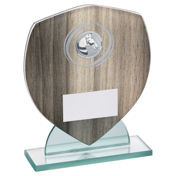 WOOD EFFECT GLASS SHIELD WITH HORSE INSERT AND PLATE - 5.25in 133mm