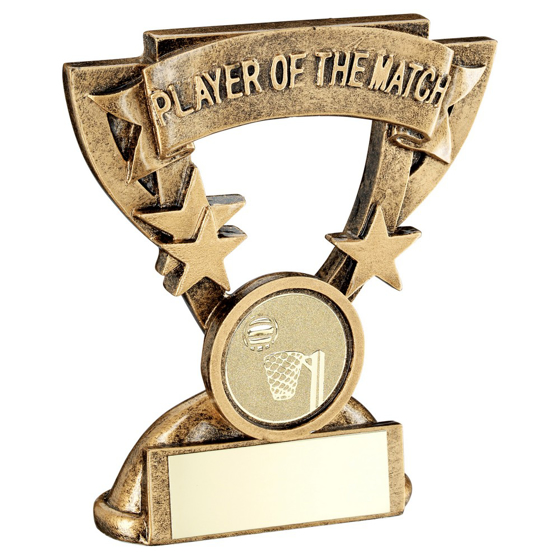 BRZ/GOLD PLAYER OF THE MATCH MINI CUP WITH NETBALL INSERT AND PLATE - 3.75in 95MM